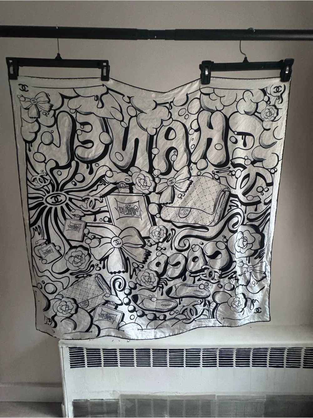 CHANEL Black & White Illustrated Logo Silk Scarf